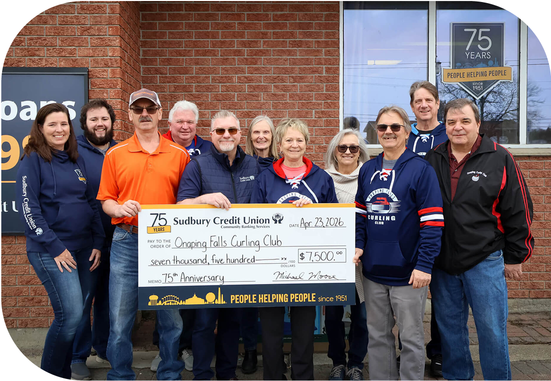 SCU staff present a cheque for $7,500 to the Onaping Falls Curling Club