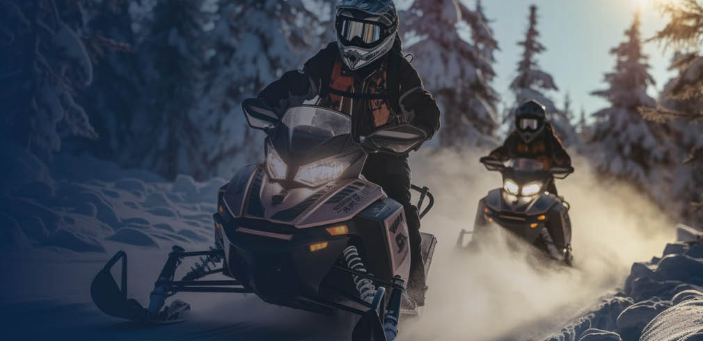 Two snowmobilers driving through the snow.