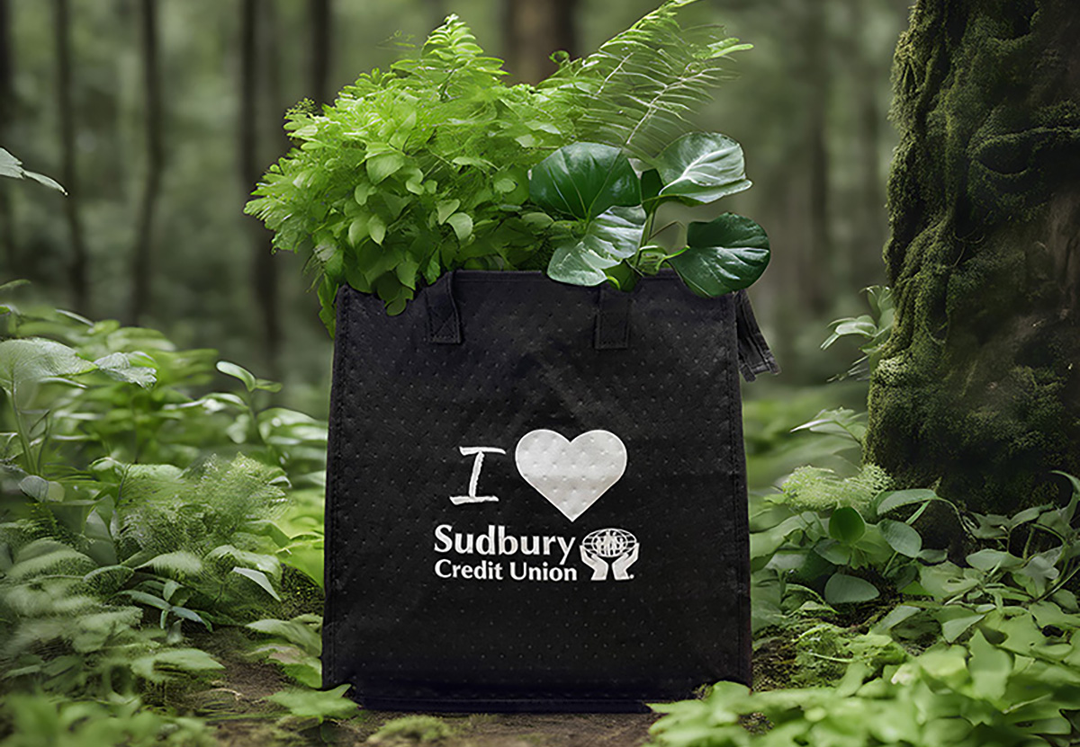 SCU reusable tote bag in a green forest