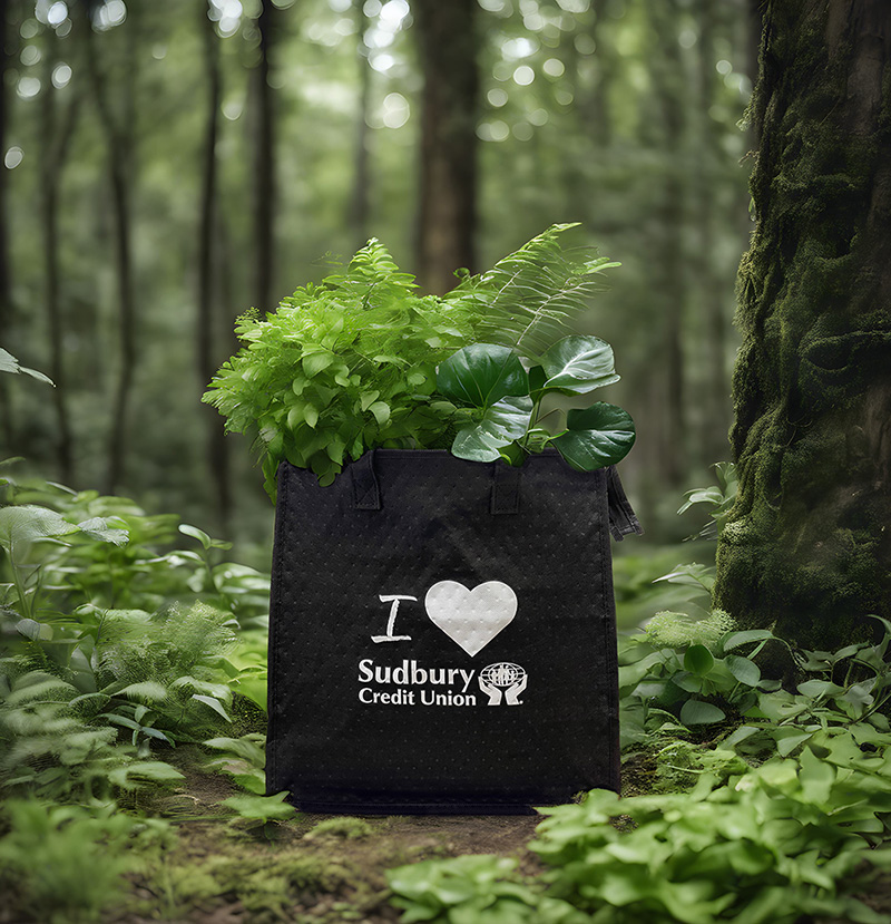 I Love SCU tote bag filled with plants in a forest.
